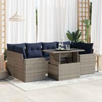 7-delige Loungeset met kussens poly rattan acacia grijs