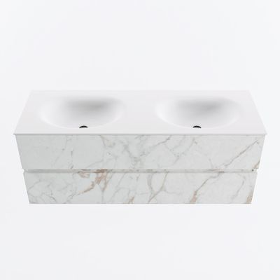 MONDIAZ VICA 130cm badmeubel onderkast Carrara 2 lades. Wastafel MOON dubbel 2 kraangaten, kleur Talc.