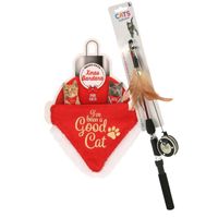 Bandana halsband rood - met speelgoed hengel - voor katten/poezen - kerstcadeau - thumbnail