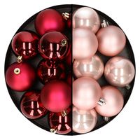 24x stuks kunststof kerstballen mix van donkerrood en lichtroze 6 cm - thumbnail