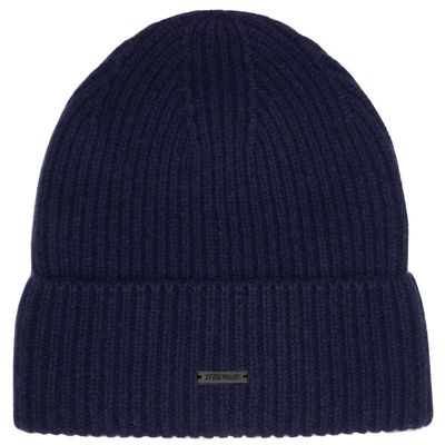 Stone Valley 100% Wol Navy Geribbelde Muts met Zwart Metalen Logo