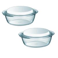 Pyrex ronde glazen ovenschaal met deksel - 2x - 1,3 liter - 21 x 18 x 10 cm - Ovenschotel schalen