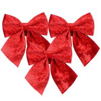 Kerst strik ornamenten - 3x - rood - 20 x 24 cm - polyester fluweel - kerststrik - kerstversiering - thumbnail