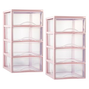 Ladeblokje/bureau organizer - 2x - 4 lades - transparant/roze - L26 x B36 x H49 cm - plastic