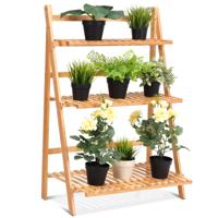 3-Laags Plantenplank met in Hoogte Verstelbare en Afneembare Kledingroede Opvouwbare Bloemenplank van Bamboe