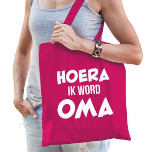 Hoera ik word oma cadeau katoenen tas fuchsia roze voor dames - Cadeau aanstaande oma   -