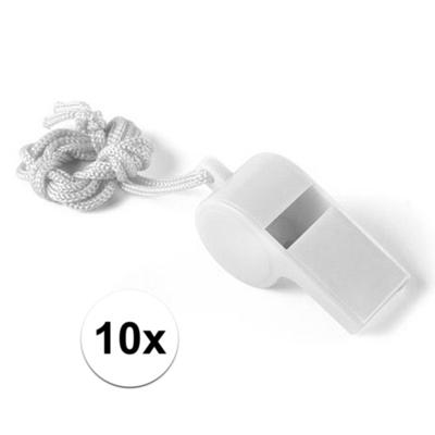 Fluitjes van kunststof - Multipack van 10x stuks - wit - aan koordje - herrie maken - sport