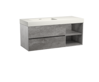 Storke Edge zwevend badmeubel 130 x 52 cm beton donkergrijs met Mata High asymmetrisch linkse wastafel in mat witte solid surface