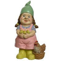 Tuinkabouter vrouw met haan en kuikens - kunststeen - H23 cm - thumbnail