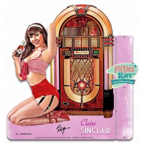 Wurlitzer 1015 Jukebox Pin-Up Claire Sinclair Zwaar Metalen Bord 43 x 46 cm 2-Zijdig Uithangbord