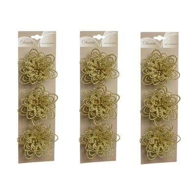 9x stuks decoratie bloemen goud glitter op clip 11 cm