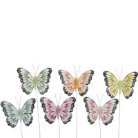6x stuks decoratie vlinders op draad gekleurd - 8 cm - Hobbydecoratieobject - thumbnail