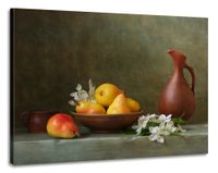 Karo-art Schilderij -Stilleven met  Perzik en Pruim. 100x70cm. Wanddecoratie, premium print