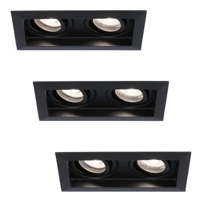 Set van 3 Durham LED Dubbele inbouwspots vierkant - 10 Watt 800 lumen - 6000K daglicht wit - GU10 - Dimbaar Kantelbaar - Voor binnen - Zwart