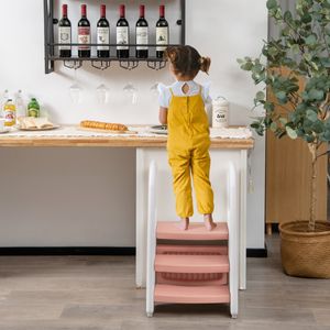 3-Traps Opstapkruk voor Kinderen In Hoogte Verstelbaar met Afneembare Bovenste Trede en Antislip Voetkussen Kinderkruk (Roze)
