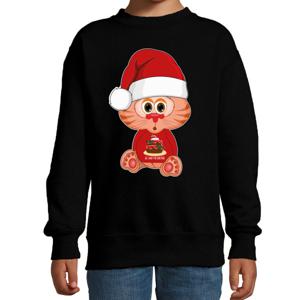 Kersttrui/sweater voor jongens/meisjes - all I want - taartje - zwart - Kerst poesje