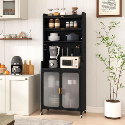 Buffetkast Keukenkast Vrijstaande Metalen Koffiebar van 192 cm met Groot Werkblad Verstelbare Plank Ophangbord en Wielen Zwart