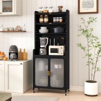 Buffetkast Keukenkast Vrijstaande Metalen Koffiebar van 192 cm met Groot Werkblad Verstelbare Plank Ophangbord en Wielen Zwart