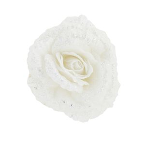 1x stuks decoratie bloemen roos wit glitter op clip 18 cm