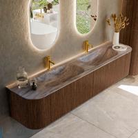 Badmeubel Mondiaz Kurve-Dlux | 200 cm | Meubelkleur Walnut | Wastafelkleur Oza | Solid surface | Wasbak beide zijden spoelbak | 2 kraangaten