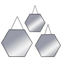 Wandspiegels - hexagons - 3x st - zwart metaal - met ketting - spiegels