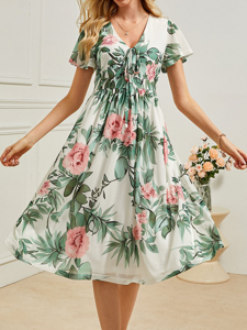 Ruffled Sleeves Elegant Floral Regular Fit Dress