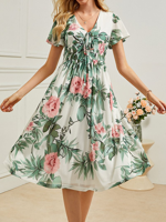 Ruffled Sleeves Elegant Floral Regular Fit Dress - thumbnail