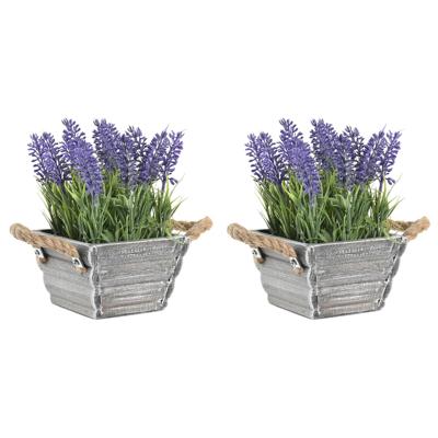 Items Kunstplant/bloem Lavendel - 2x - in bloempot - paarse bloemen - 15 x 20 cm