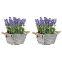 Items Kunstplant/bloem Lavendel - 2x - in bloempot - paarse bloemen - 15 x 20 cm