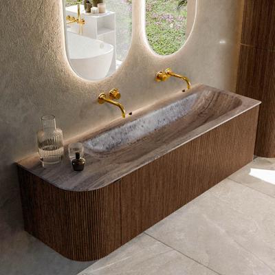 Badmeubel Mondiaz Kurve-Dlux | 145 cm | Meubelkleur Walnut | Wastafelkleur Oza | Solid surface | Wasbak rechter zijde spoelbak | Zonder kraangat(en)