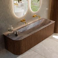 Badmeubel Mondiaz Kurve-Dlux | 145 cm | Meubelkleur Walnut | Wastafelkleur Oza | Solid surface | Wasbak rechter zijde spoelbak | Zonder kraangat(en)