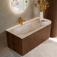 Badmeubel Mondiaz Kurve-Dlux | 105 cm | Meubelkleur Walnut | Wastafelkleur Nata | Solid surface | Wasbak linker zijde spoelbak | 1 kraangat