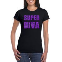 Zwart Super Diva t-shirt met paarse glitter letters dames 2XL  -