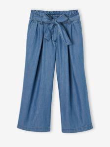 Wijde "paperbag"-driekwartmeisjesbroek van licht denim middenblauw