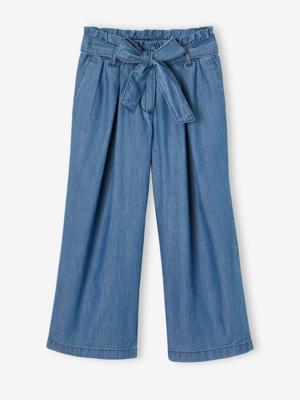 Wijde "paperbag"-driekwartmeisjesbroek van licht denim middenblauw