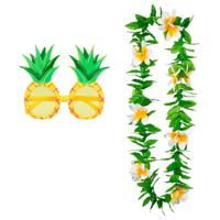 Tropische Hawaii party verkleed accessoires set - Ananas zonnebril - en bloemenkrans groen/wit - thumbnail