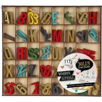 Houten alfabet letters en cijfers - felle kleuren mix - hoogte 2.5 cm per stuk - 117x stuks - thumbnail