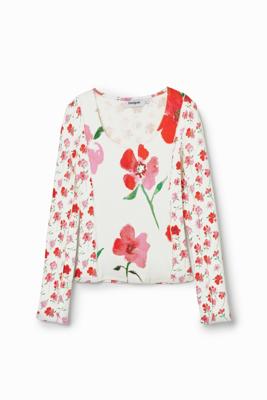 T-shirt met bloemenpatch - WHITE - XL