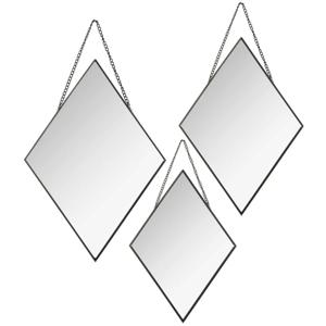 Wandspiegels ruit vorm - set van 3x stuks - zwart - metaal - met ketting - spiegels