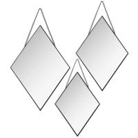 Wandspiegels ruit vorm - set van 3x stuks - zwart - metaal - met ketting - spiegels