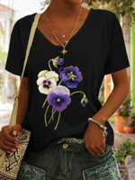 Pansies Floral Casual Cotton-Blend T-Shirt - thumbnail