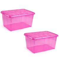2x Opslagbakken/organizers met deksel 60 liter 63 x 46 x 32 transparant roze - Opbergbox - thumbnail