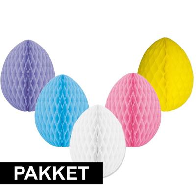 Decoratie Honeycombs paaseieren pakket - 5x stuks - vrolijke kleuren - H30 cm - papier - pasen