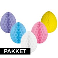 Decoratie Honeycombs paaseieren pakket - 5x stuks - vrolijke kleuren - H30 cm - papier - pasen