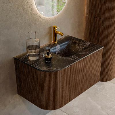 Badmeubel Mondiaz Kurve-Dlux | 75 cm | Meubelkleur Walnut | Wastafelkleur Lava | Solid surface | Rechts spoelbak | 1 kraangat