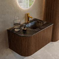 Badmeubel Mondiaz Kurve-Dlux | 75 cm | Meubelkleur Walnut | Wastafelkleur Lava | Solid surface | Rechts spoelbak | 1 kraangat