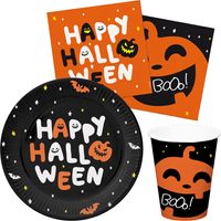 Halloween thema feest set bord/beker/servetten - 44x - pompoen BoOo print - papier - thumbnail