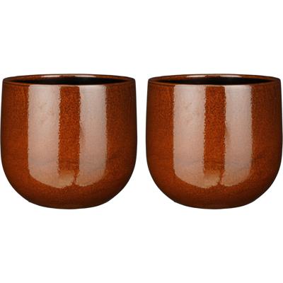 Plantenpot/bloempot - 2x stuks - terra bruin - D29/H20 cm - keramiek - speels licht gevlekt patroon