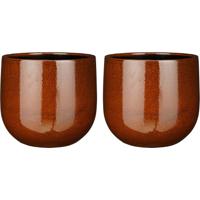 Plantenpot/bloempot - 2x stuks - terra bruin - D29/H20 cm - keramiek - speels licht gevlekt patroon