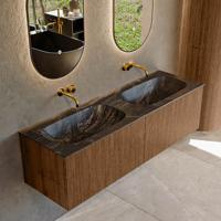 Badmeubel Mondiaz Kurve-Dlux | 150 cm | Meubelkleur Walnut | Wastafelkleur Lava | Solid surface | Dubbele spoelbak | Zonder kraangat(en) Badmeubel Mondiaz Kurve-Dlux | 150 cm | Meubelkleur Walnut | Wastafelkleur Lava | Solid surface | Dubbele spoelbak | Zonder kraangat(en)
